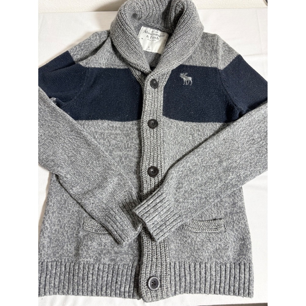 Abercrombie & Fitch Cardigan Large Grey Shawl Collar Striped Knit Button